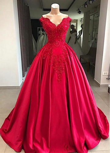 Lavish Satin Off-the-shoulder Neckline Floor-length Ball Gown Evening Dresses With Beaded Lace Appliques