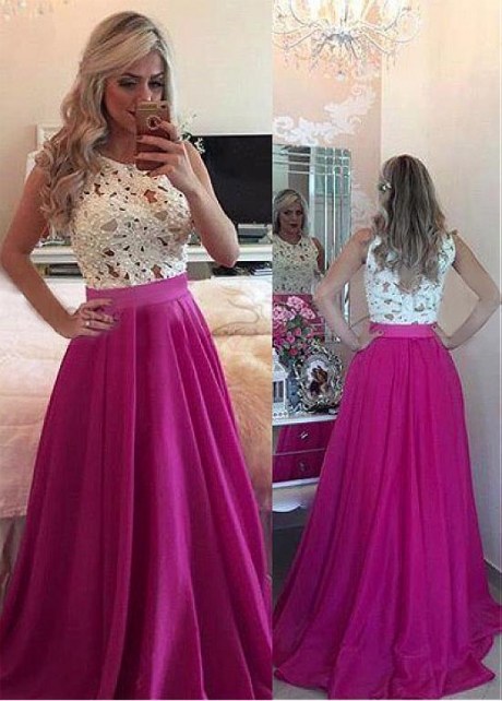 Exquisite Jewel Neckline Floor-length A-line Prom Dresses With Beaded Lace Appliques