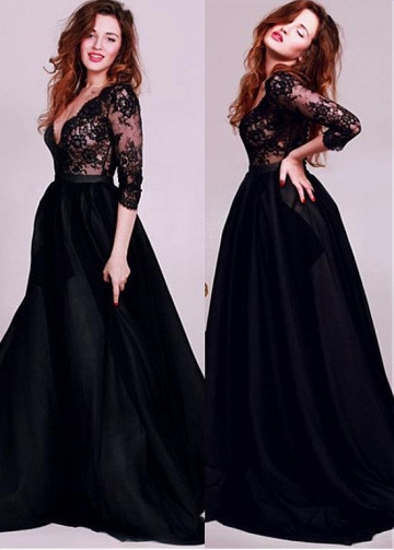 Glamorous Tulle & Satin V-neck Neckline Floor-length A-line Evening Dresses