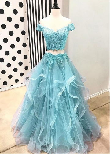 Dazzling Tulle Off-the-shoulder Neckline Two-piece A-line Ruffled Prom Dresses