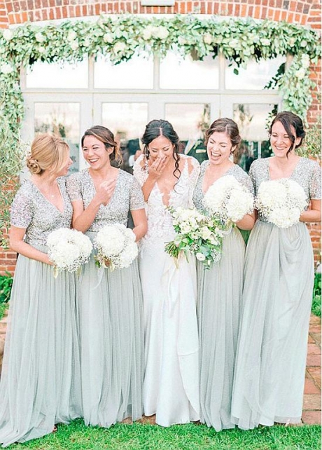 Beautiful Tulle V-neck Neckline A-line Bridesmaid Dresses With Beadings
