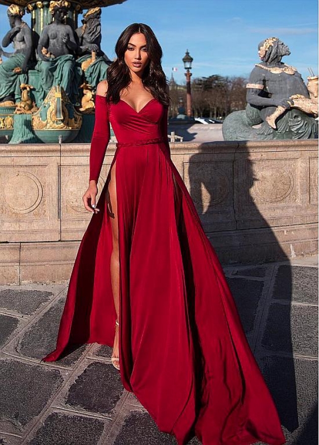 Sexy Off-the-shoulder Neckline Floor-length A-line Evening Dress With Sleeves