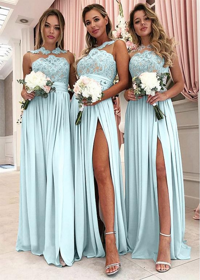 Brisk Jersey Jewel Neckline A-line Bridesmaid Dresses With Slit