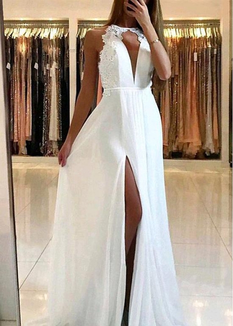 Gorgeous White Chiffon Jewel Neckline Floor-length A-line Evening Dress With Slit