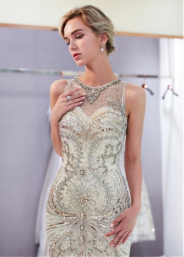 Fashionable Tulle Jewel Neckline Full-length Mermaid Evening Dress With Beadings
