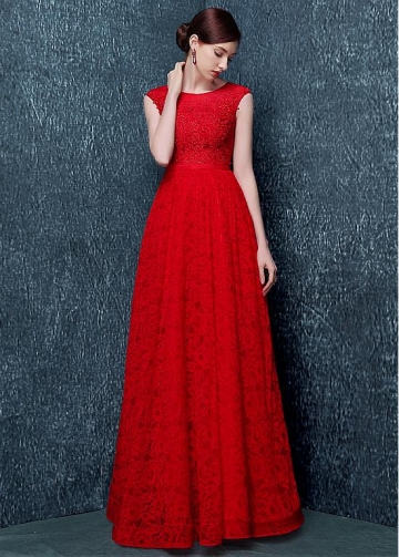 Fantastic Lace Jewel Neckline Full-length A-line Evening Dress With Lace Appliques & Rhinestones & Belt