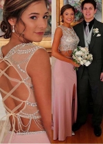 Elegant Jewel Neckline Two-piece Sheath/Column Prom Dress With Beadings