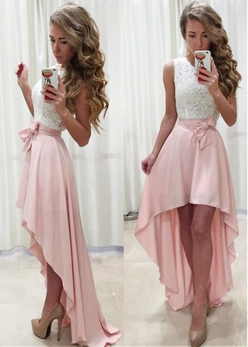 Distinctive Lace & Chiffon Jewel Neckline Hi-lo A-line Prom Dress