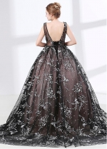 Beautiful Organza V-neck Neckline Black Ball Gown Evening Dress