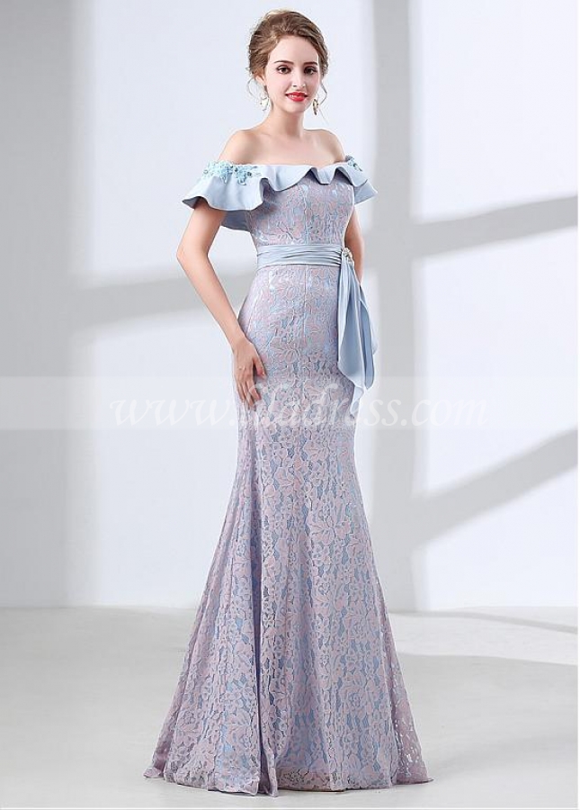 Gorgeous Lace Off-the-shoulder Neckline Mermaid Evening Dress With Belt & Rhinestones