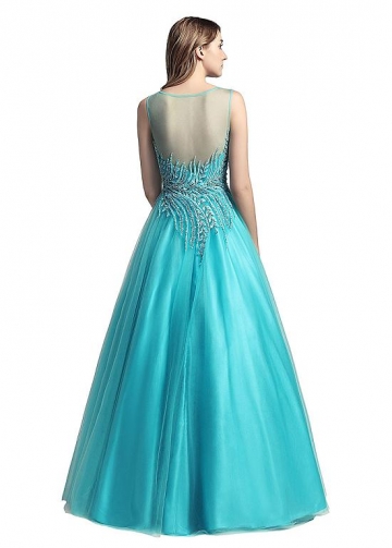 Unique Tulle Bateau Neckline Floor-length A-line Evening Dresses With Embroidery Beadings