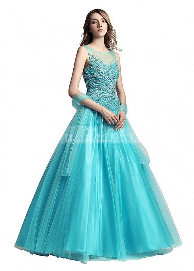 Unique Tulle Bateau Neckline Floor-length A-line Evening Dresses With Embroidery Beadings