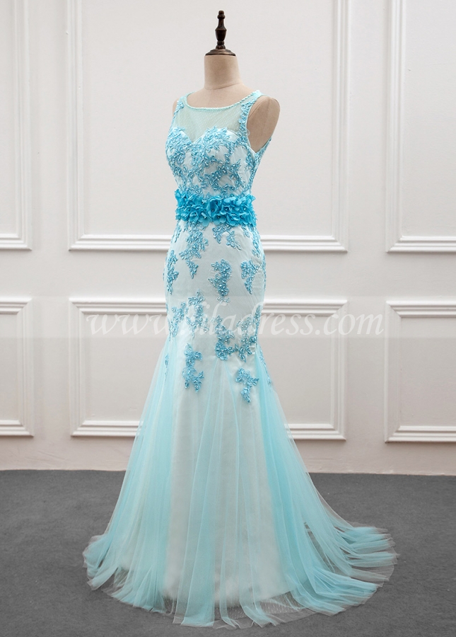 Amazing Scoop Neckline Mermaid Prom Dress With Beaded Lace Appliques & Handmade Flowers