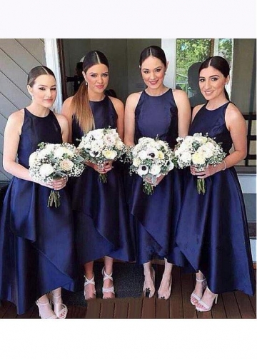 Modest Satin Jewel Neckline Hi-lo A-line Bridesmaid Dresses