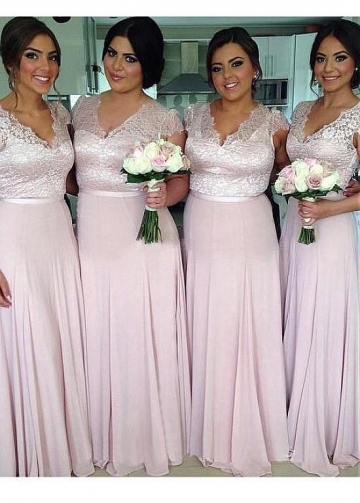 Beautiful Lace & Chiffon V-neck Neckline Full-length A-line Bridesmaid Dresses With Belt