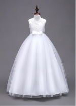 Elegant Tulle & Lace Jewel Neckline Full-length A-line Flower Girl Dress With Bowknot