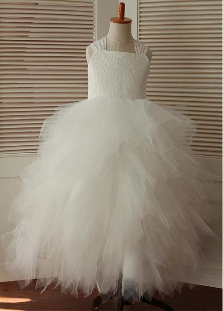 Pure Lace & Tulle Square Neckline Ankle-length Ball Gown Flower Girl Dresses With Bowknot