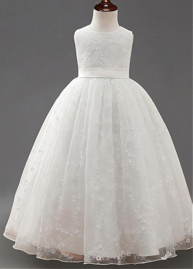 Delicate Lace Jewel Neckline Ball Gown Flower Girl Dresses With Belt
