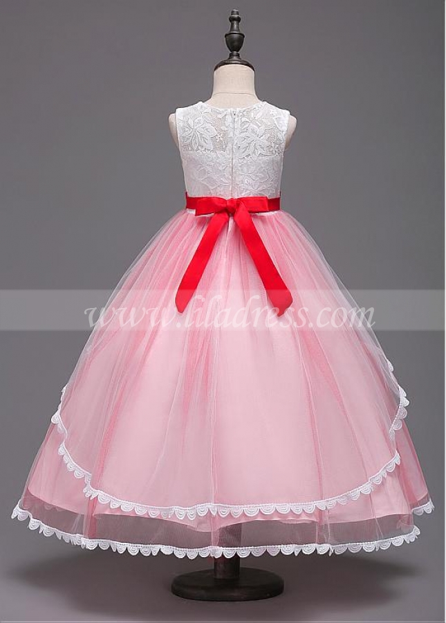 Chic Tulle & Lace Jewel Neckline Ball Gown Flower Girl Dress With Lace Appliques