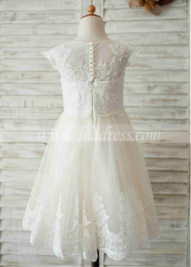 Marveous Tulle Jewel Neckline Tea-length A-line Flower Girl Dresses With Beaded Lace Appliques