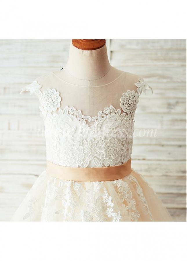 Modern Lace & Tulle & Satin Jewel Neckline A-line Flower Girl Dresses