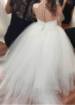 Modest Tulle Jewel Neckline Ball Gown Flower Girl Dresses With Lace Appliques & Beadings