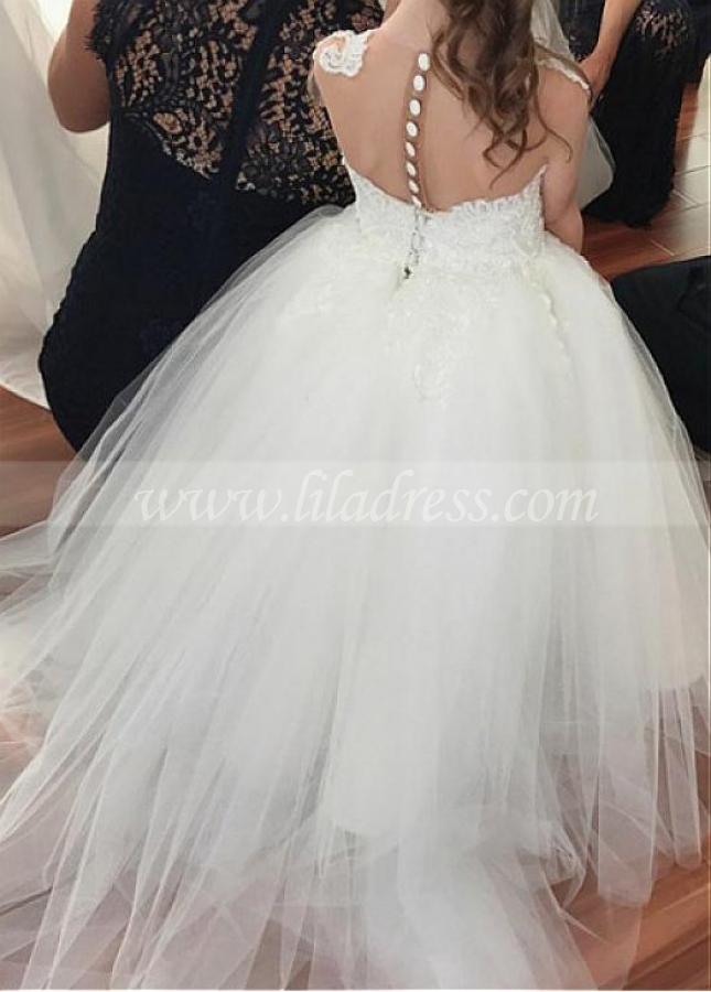 Modest Tulle Jewel Neckline Ball Gown Flower Girl Dresses With Lace Appliques & Beadings