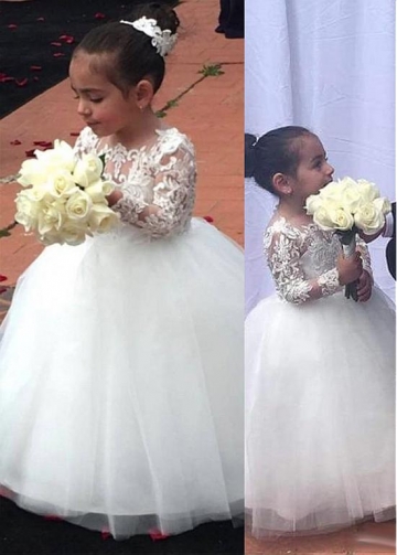 Attractive Tulle & Satin Jewel Neckline Ball Gown Flower Girl Dresses With Lace Appliques