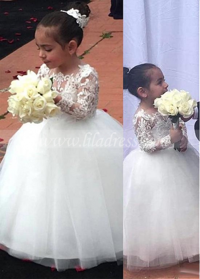 Attractive Tulle & Satin Jewel Neckline Ball Gown Flower Girl Dresses With Lace Appliques