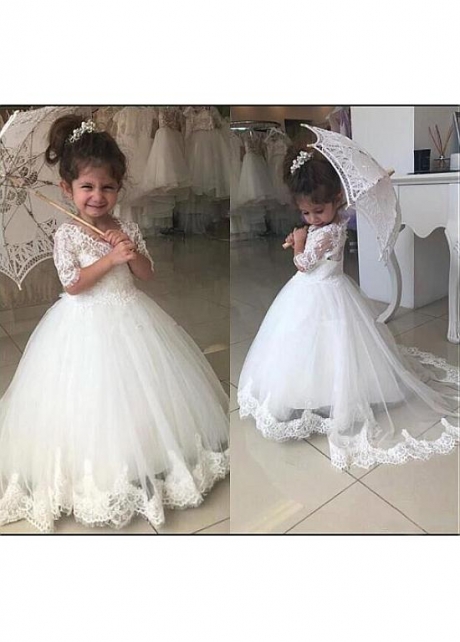 Romantic Tulle V-neck Neckline Ball Gown Flower Girl Dress With Beadings & Lace Appliques
