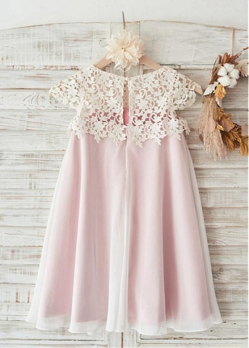 Gorgeous Lace & Chiffon Jewel Neckline Cap Sleeves Knee-length A-line Flower Girl Dresses