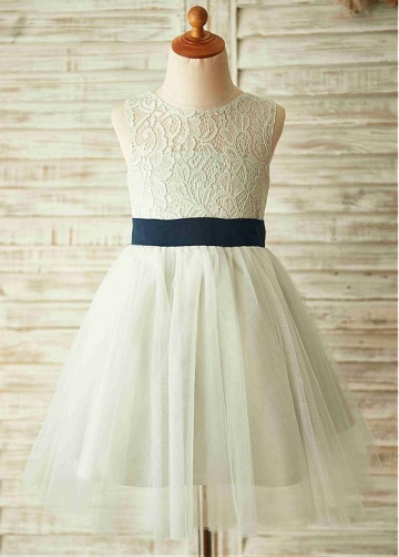 Fashionable Tulle & Lace Jewel Neckline Cut-out A-line Flower Girl Dresses With Bowknot
