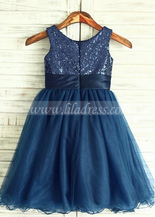 Modern Sequin Lace & Tulle Scoop Neckline A-line Flower Girl Dresses With Handmade Flowers