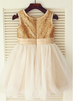 Chic Sequin Lace & Tulle Jewel Neckline Knee-length Ball gown Flower Girl Dresses With Handmade Flowers