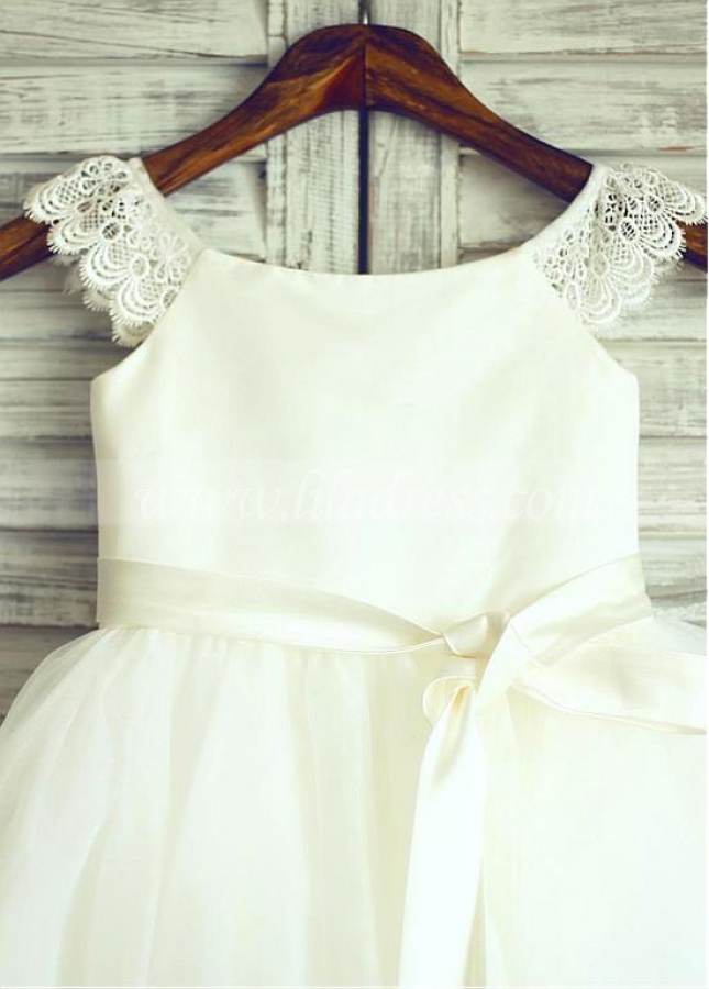 Romantic Tulle & Satin Scoop Neckline Knee-length Ball Gown Flower Girl Dresses With Belt & Laciness