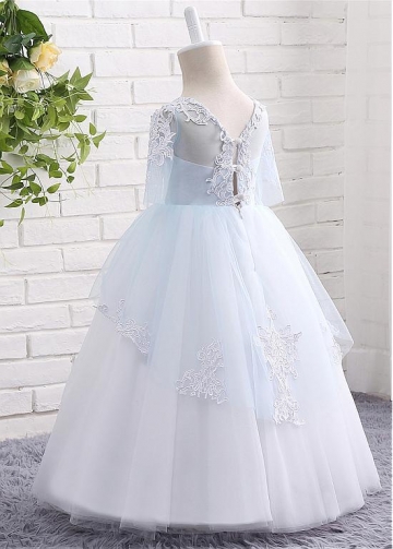 Attractive Tulle Jewel Neckline Short Sleeves Ball Gown Flower Girl Dresses With Lace Appliques