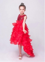 Delicate Sequin Lace & Organza Jewel Neckline Hi-lo Ball Gown Flower Girl Dresses With Handmade Flowers
