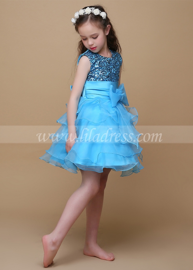 Shining Sequin Lace & Satin Jewel Neckline Ball Gown Flower Girl Dresses With Bows
