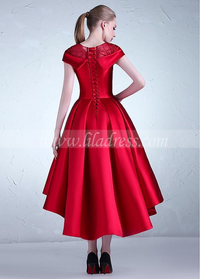 Romantic Tulle & Satin Jewel Neckline Hi-lo A-line Prom Dress With Beadings