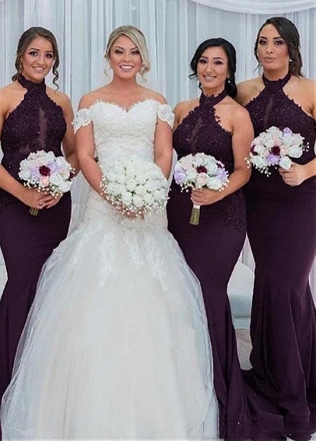 Fabulous Tulle & Satin Halter Neckline Mermaid Bridesmaid Dresses With Beaded Lace Appliques
