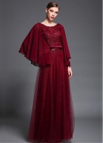 Modest Tulle & Stretch Charmeuse Scoop Neckline Capelet sleeves A-line Prom/Mother Of The Bride Dresses With Belt