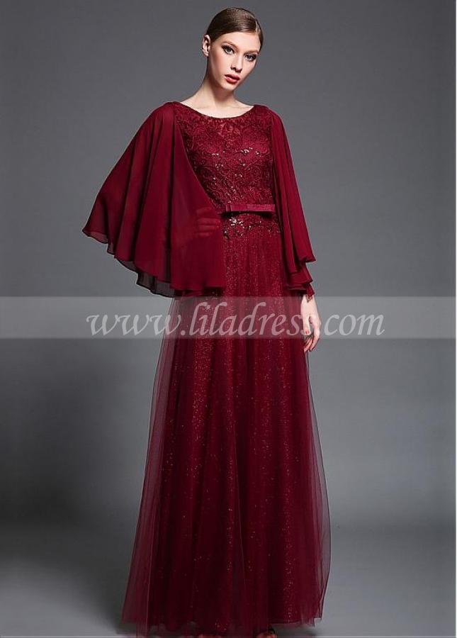 Modest Tulle & Stretch Charmeuse Scoop Neckline Capelet sleeves A-line Prom/Mother Of The Bride Dresses With Belt