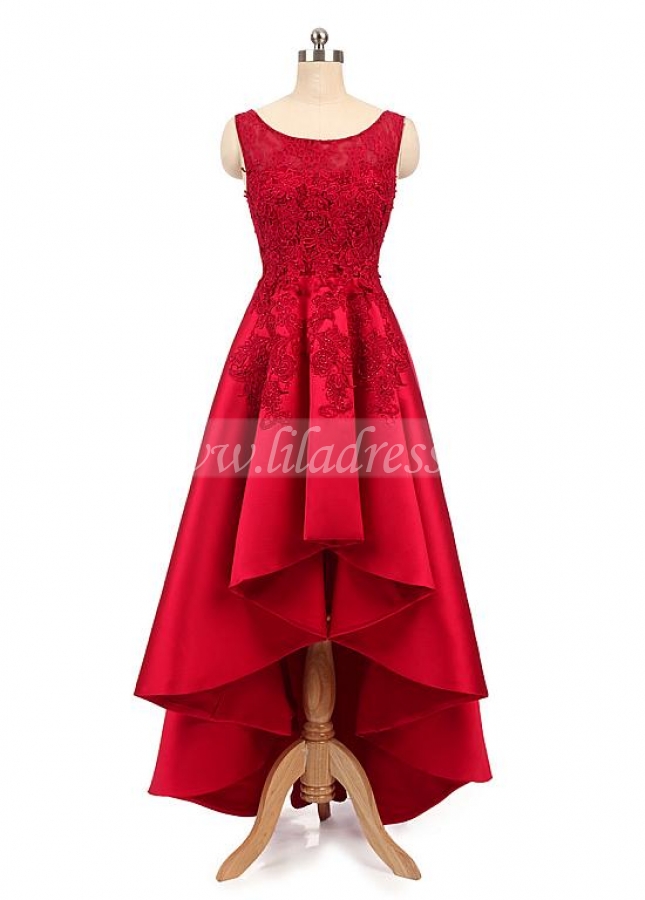 Pretty Tulle & Satin Scoop Neckline Hi-lo A-line Prom Dresses With Hot Fix Rhinestones & Lace Appliques