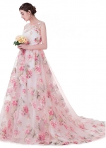 Wonderful Organza Scoop Neckline Print Prom Dresses With Lace Appliques & Beadings