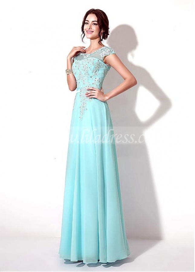 Stunning Chiffon Bateau Neckline Full-length A-line Prom Dresses With Beaded Lace Appliques