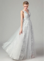 Elegant Satin & Tulle V-neck Neckline A-line Prom Dresses With Lace Appliques