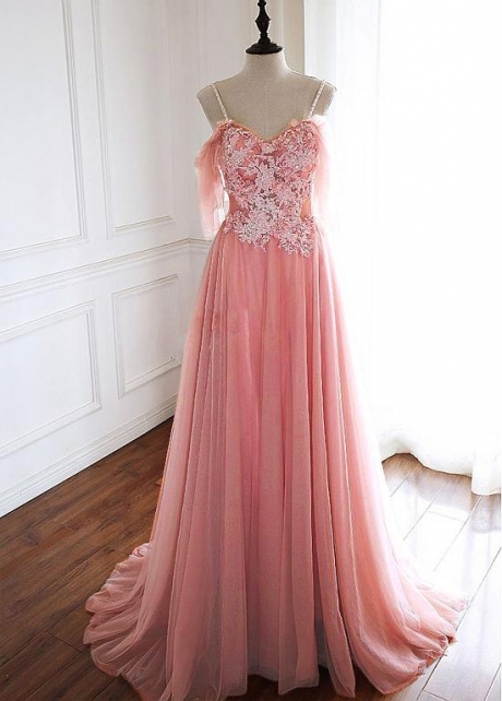 Classic Tulle Spaghetti Straps Neckline Floor-length A-line Prom Dresses With Lace Appliques & Beaded 3D Flowers & Beadings