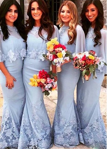 Marvelous Skyblue Mermaid Bridesmaid Dresses With Lace Appliques