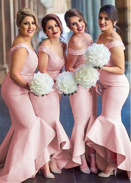 Outstanding Lace & Satin Off-the-shoulder Neckline Hi-lo Mermaid Pink Bridesmaid Dresses