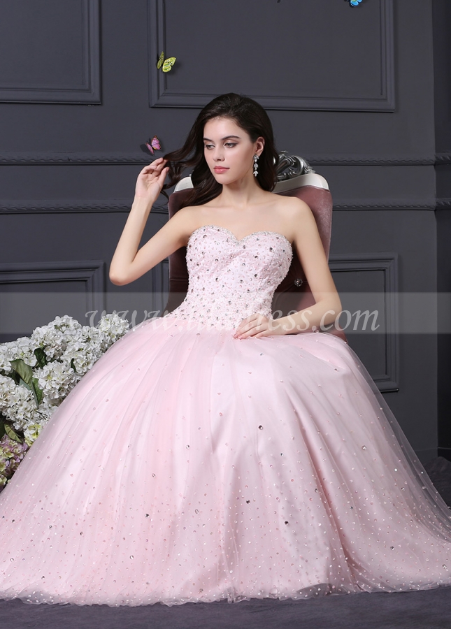 Allruing Tulle & Satin Sweetheart Neckline A-Line Sparkly Prom Dresses